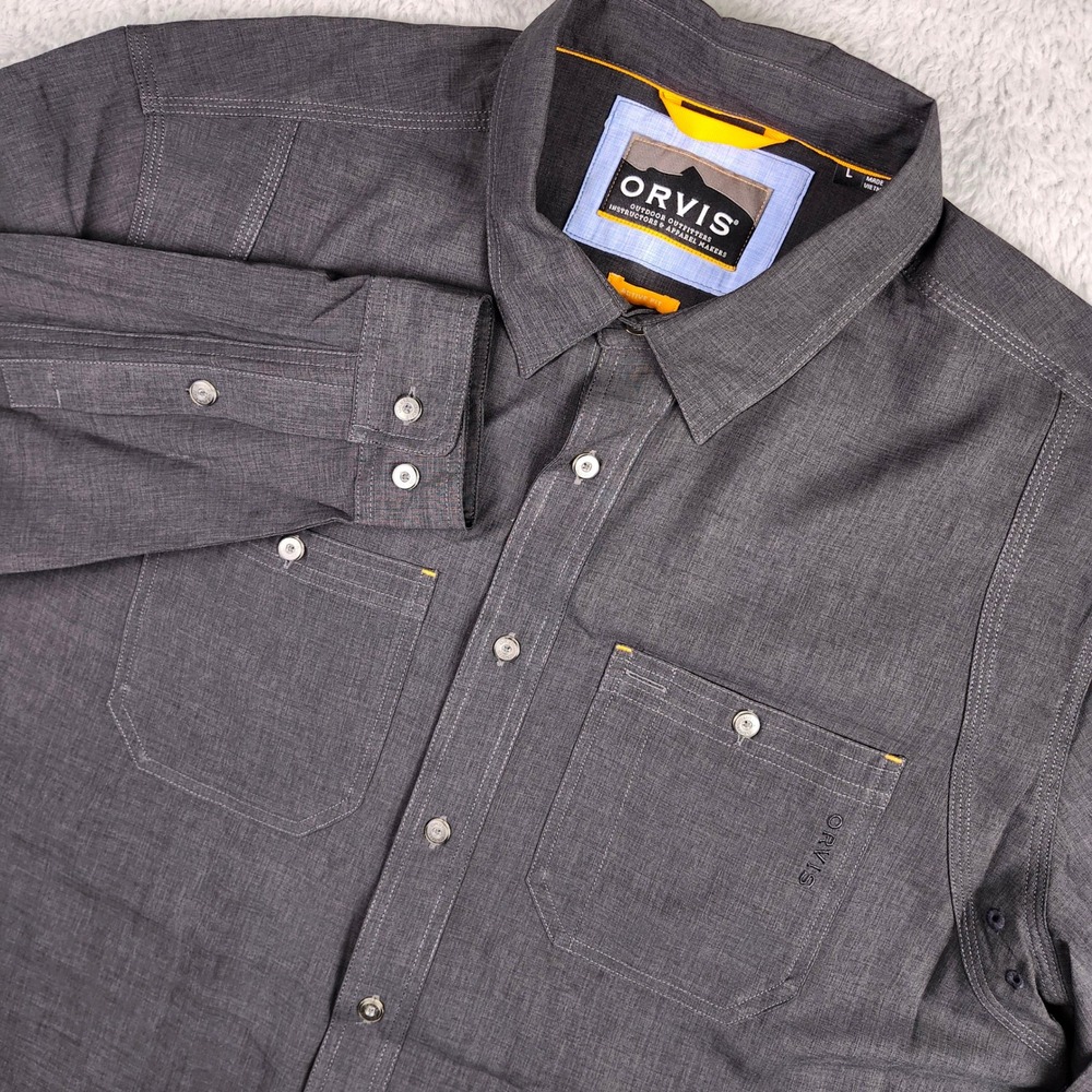 Orvis Mens Active Fit Long Sleeve Button Down Shirt Gray Charcoal Large Hiking